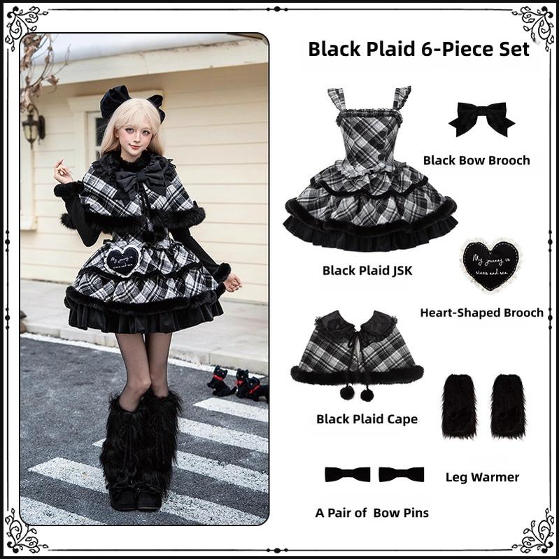 With PUJI - Snow Night Serenade - Fluffy Plaid Kawaii Lolita JSK, Reversible Cape (L M S) 44279:802375