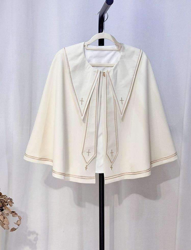 Angel & Devil - Button Closure Ouji Lolita Cape Set, Cross Embroidery Off-white Short Cape (one size / choose M) M