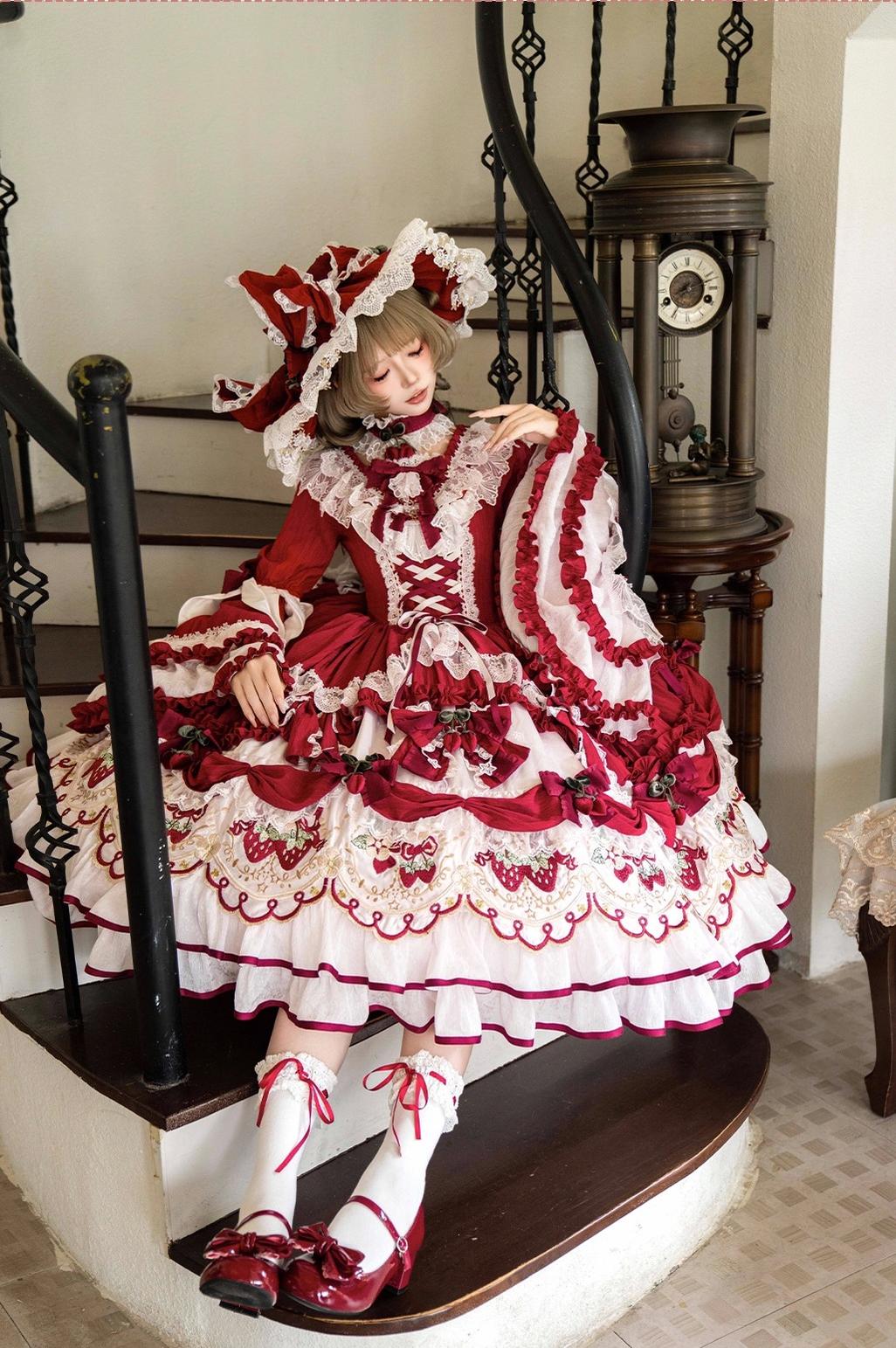 Bramble Rose - Starryberry Eden - Hime-sleeved Sweet Lolita Dress, Strawberry Embroidery 44262:801230