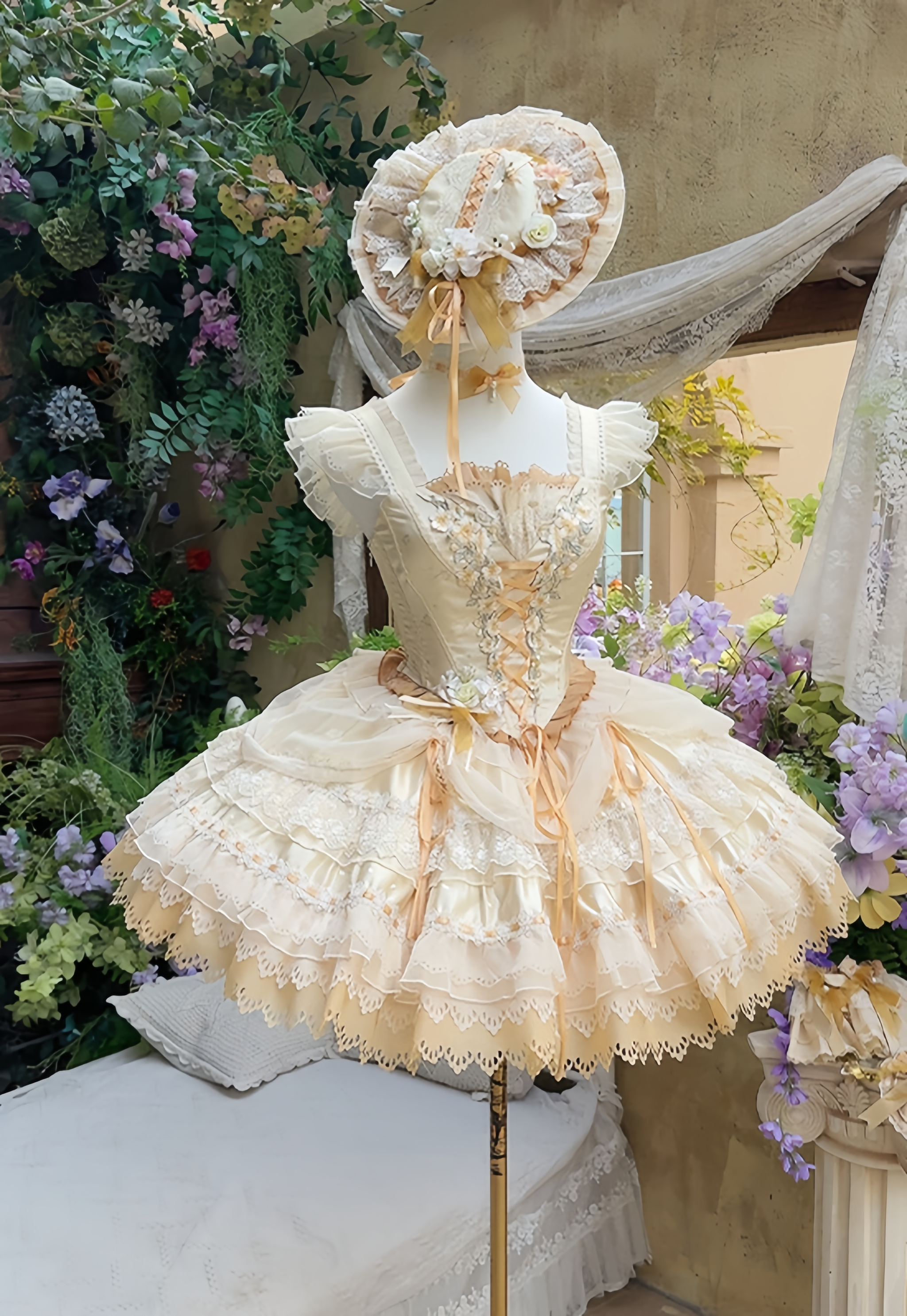 Yellow Blossom & Rose - Sweet Lolita Floral Embroidery JSK, Drawstring Lift-up Hem Yellow - JSK Only S