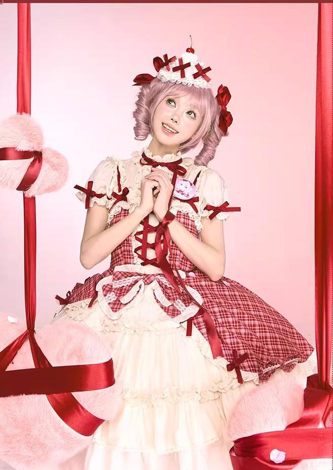 Confession Balloon - Red Plaid Cake Skirt - IP Collab Lolita Plaid JSK Dress 43996:792198