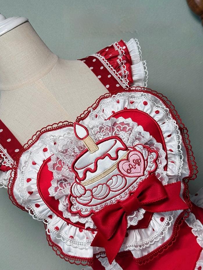 Shuang Sheng Xiao Xiong - Bite The Cake - Sweet Lolita Dress, Red & White Polka Dots 43600:780754