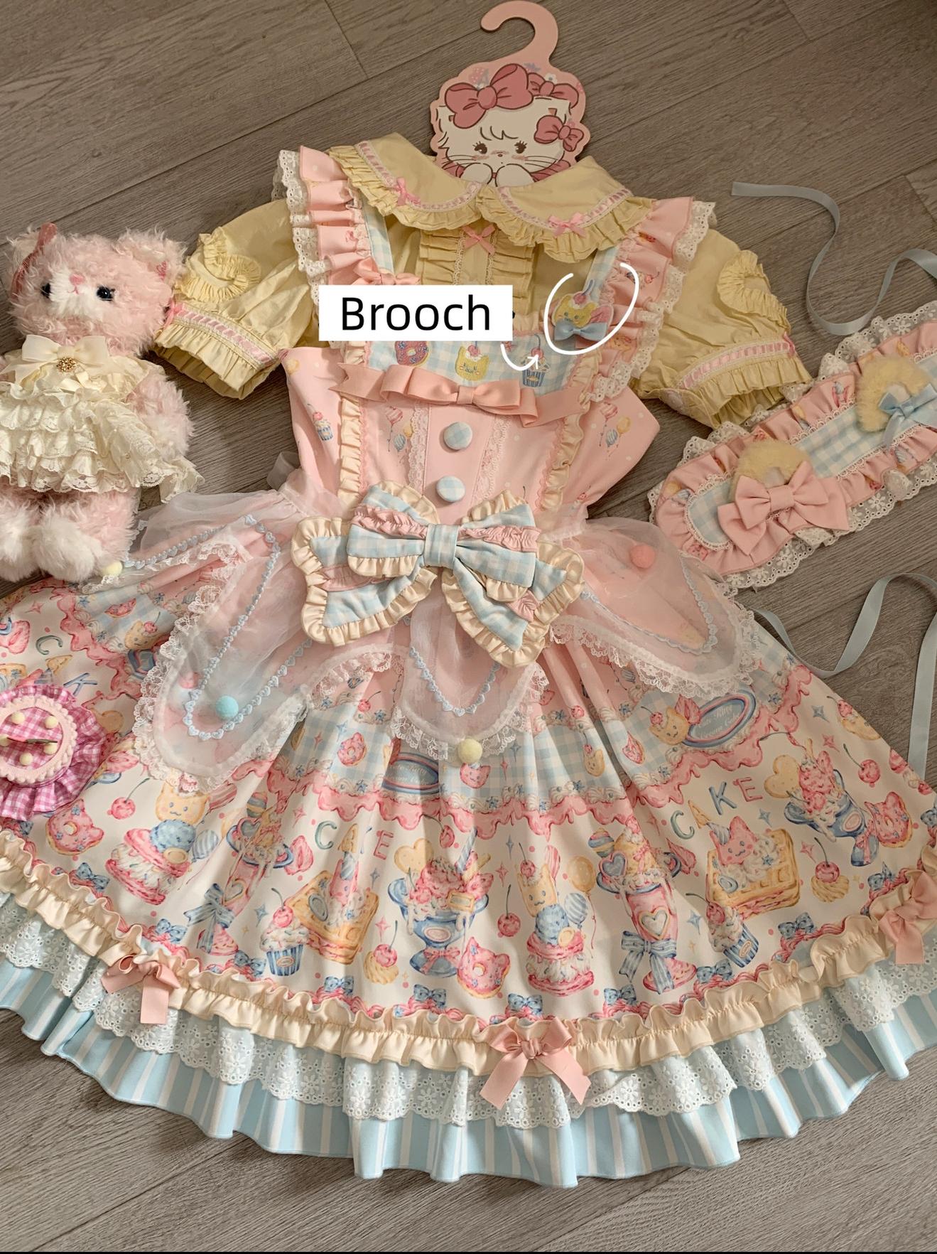 Sweet Cat Fruit Candy - Sweet Lolita Dessert Printed JSK Dress, Bows & Ruffles Brooch Only S