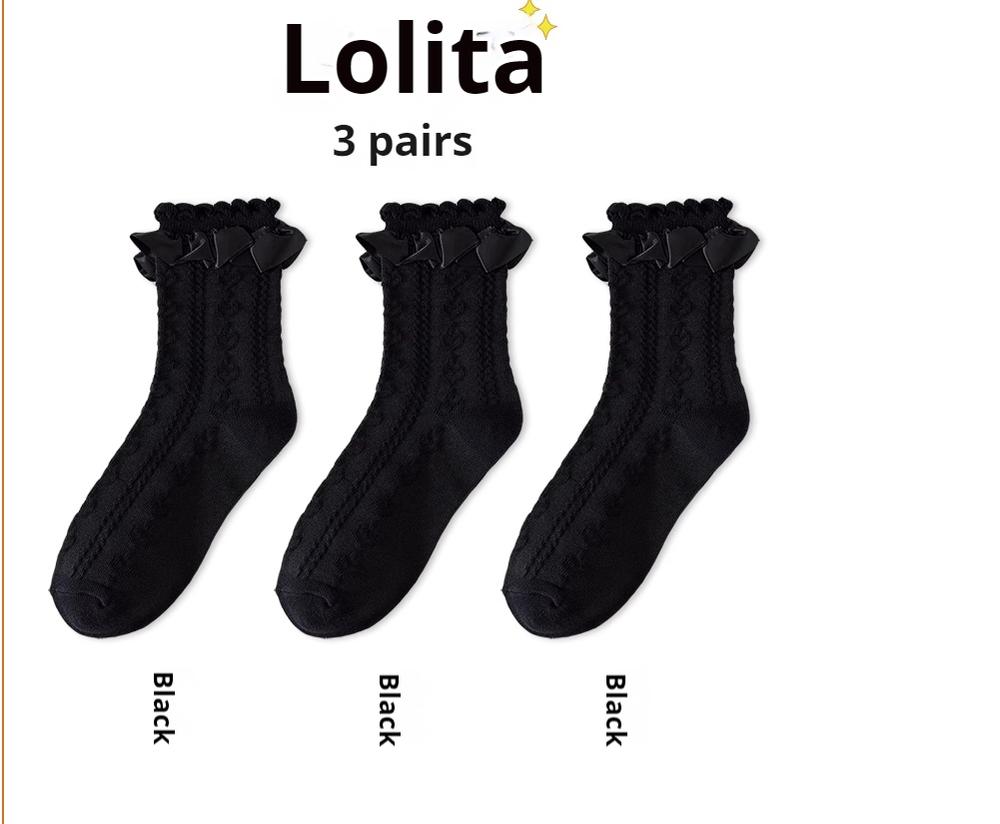 JingChi - Sweet Lolita Socks Women's Multicolor JK Mid-Calf Socks Black / 3 Pairs One Size (36-39)