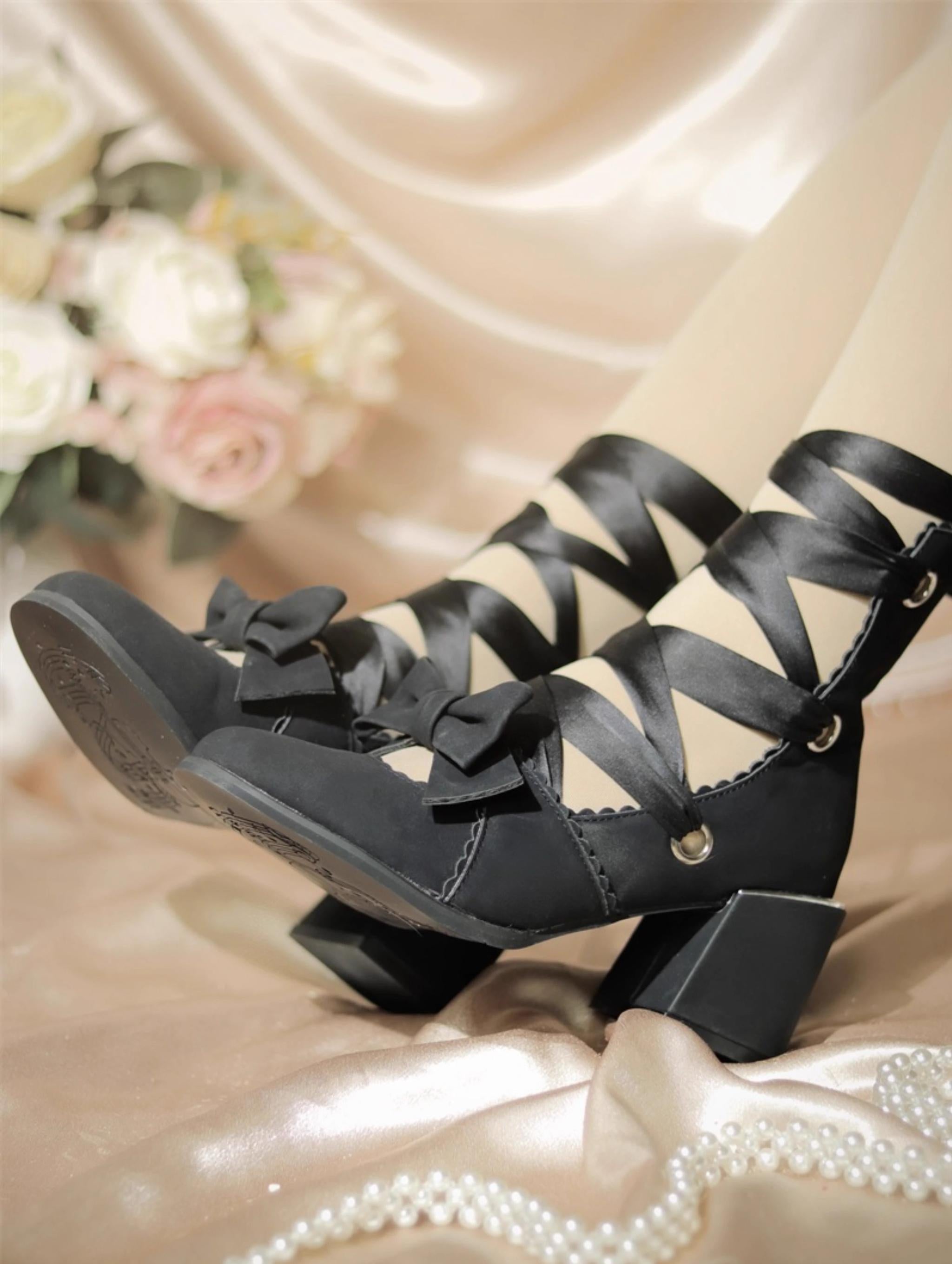 MR.Qiutian - Muse Kiss - Elegant Lolita Shoes Lace-up Bow Heels Round Toe