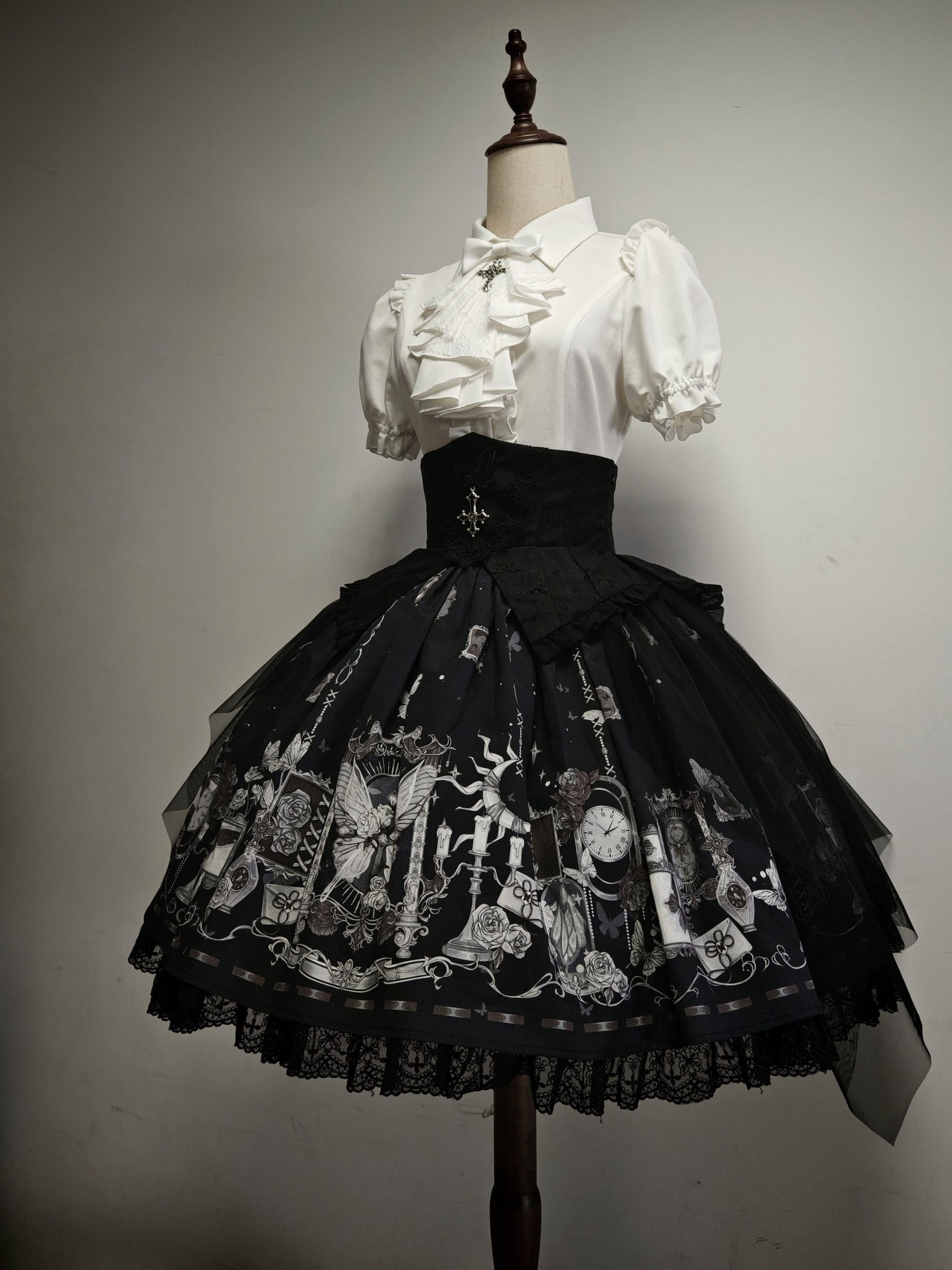 Butterfly Shadow - Halloween Gothic Lolita Fishbone Skirt & Shirt, Butterfly Print Black - Waist Cincher Skirt S