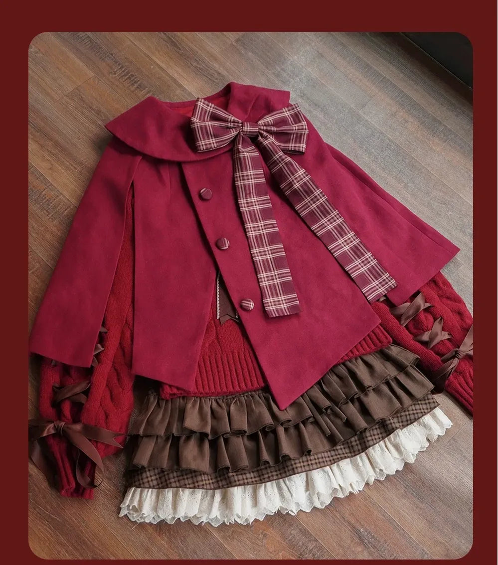 Christmas Lolita Wine Red Cape Coat, Bunny Ear & Plaid Bow