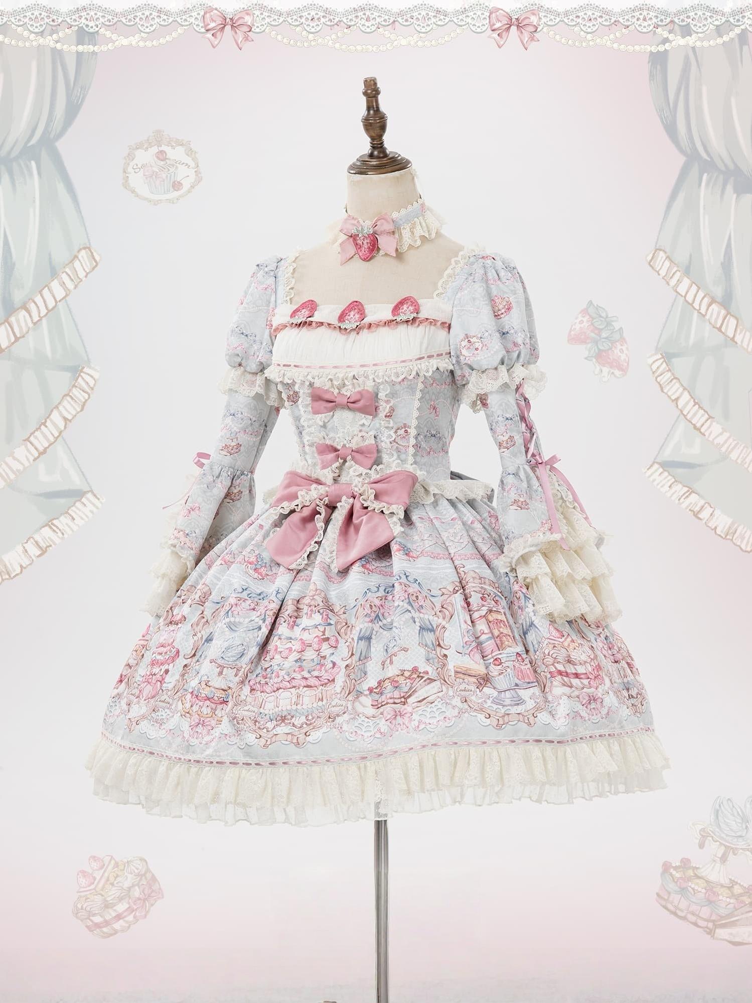Victorian Cake - Classic Lolita OP Dress, Strawberry Cake Print Printed OP Dress Only S
