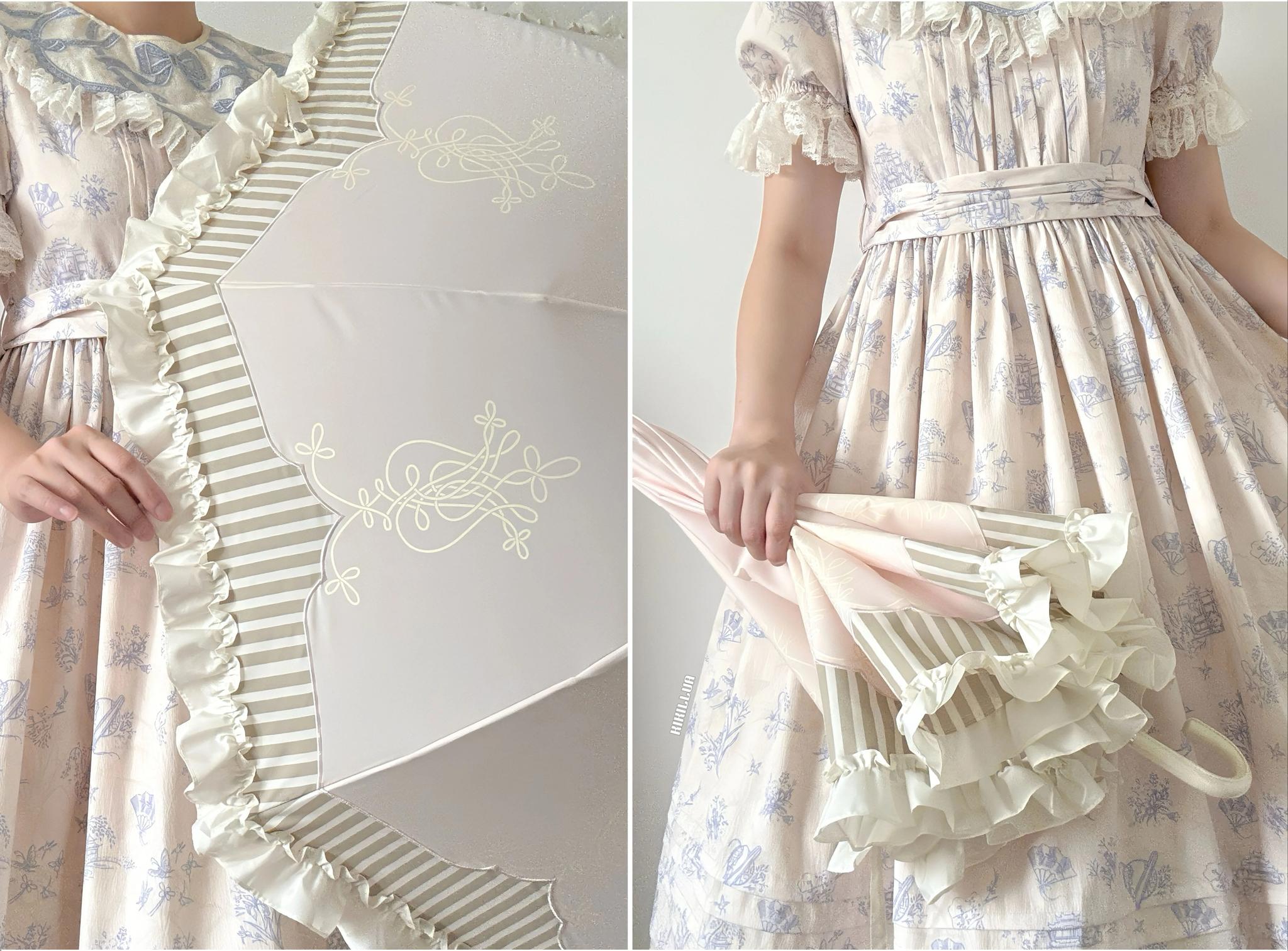 Lyre Academy - Classic Lolita 2-Fold Parasol, Lyre Print & Embroidered Trim 45679:858451