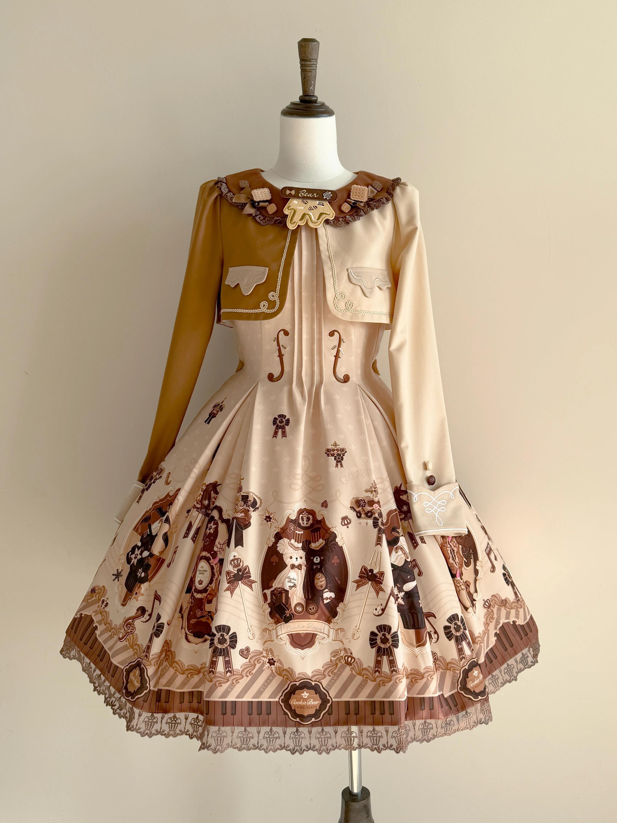 Cream Bear - Print Kawaii Lolita Fake Two-Piece OP, A-lined JSK Dress (L M S XL) 44502:811738