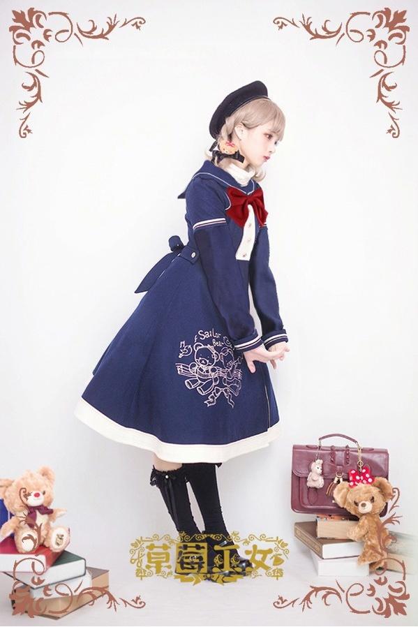 Strawberry Witch - Winter Kawaii Lolita Sailor Collar Overcoat, Bear Embroidery 44184:798173