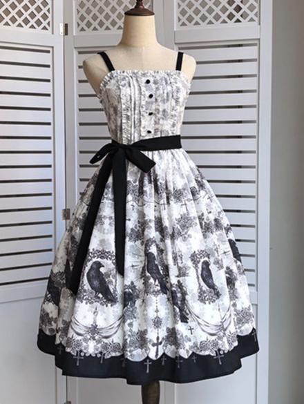 Mystic Crow - Gothic Lolita Crow Printed JSK Dress with Adjustable Straps JSK Only (with waist tie) One Size