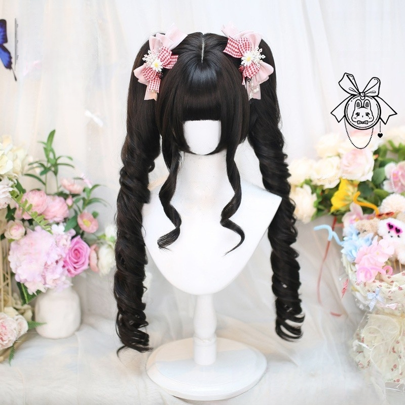 Dalao Home - Stellar Bits - Daily Lolita Wig Detachable Curl Hair Double Ponytails Black Tea