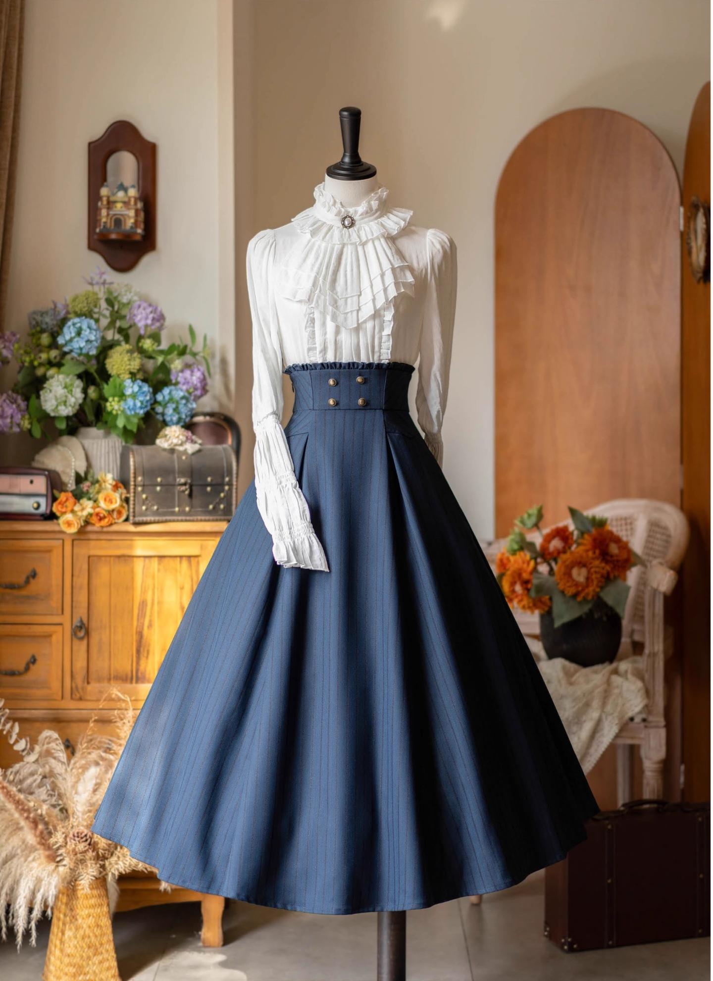 Forest Log - Classic Lolita Fishbone Striped Skirt, Side Pockets
