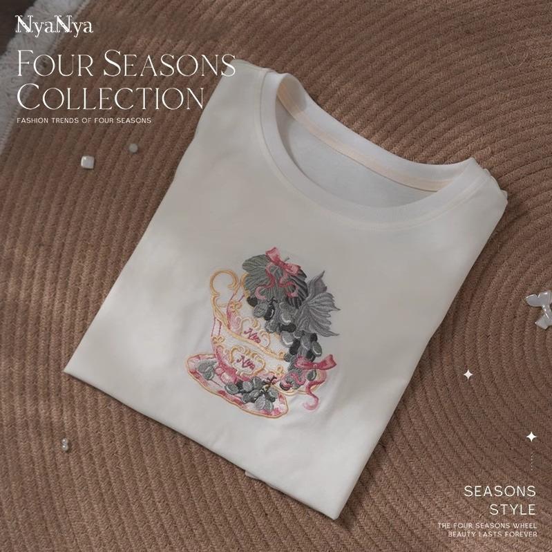 (BFM)NyaNya~Four Seasons Collection~Sweet Lolita T-shirt Summer Loose Fit Embroidered T-shirt S White - Afternoon Tea (L M S) 36754:527616