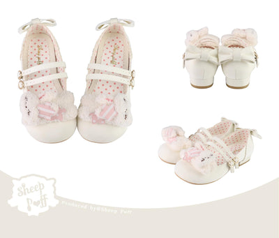 Sheep Puff~Mimitty Rabbit~Kawaii Lolita Low Heel Shoes Plush Bunny Spring Lolita Shoes White 34 