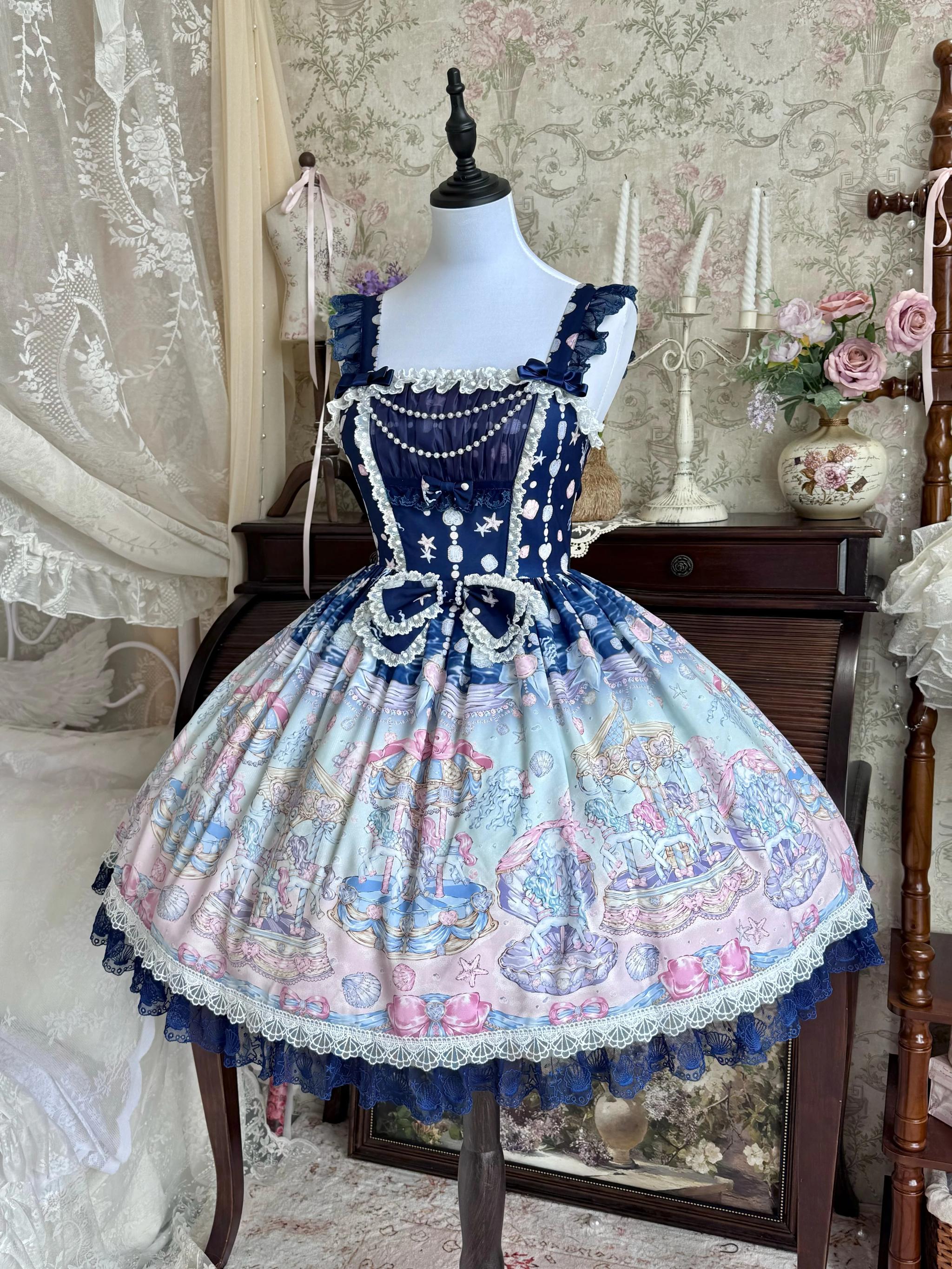 Glimmering Carousel - Sweet Lolita OP & JSK Dress Set, Ocean Carousel Print (L M S XL) 45827:863940