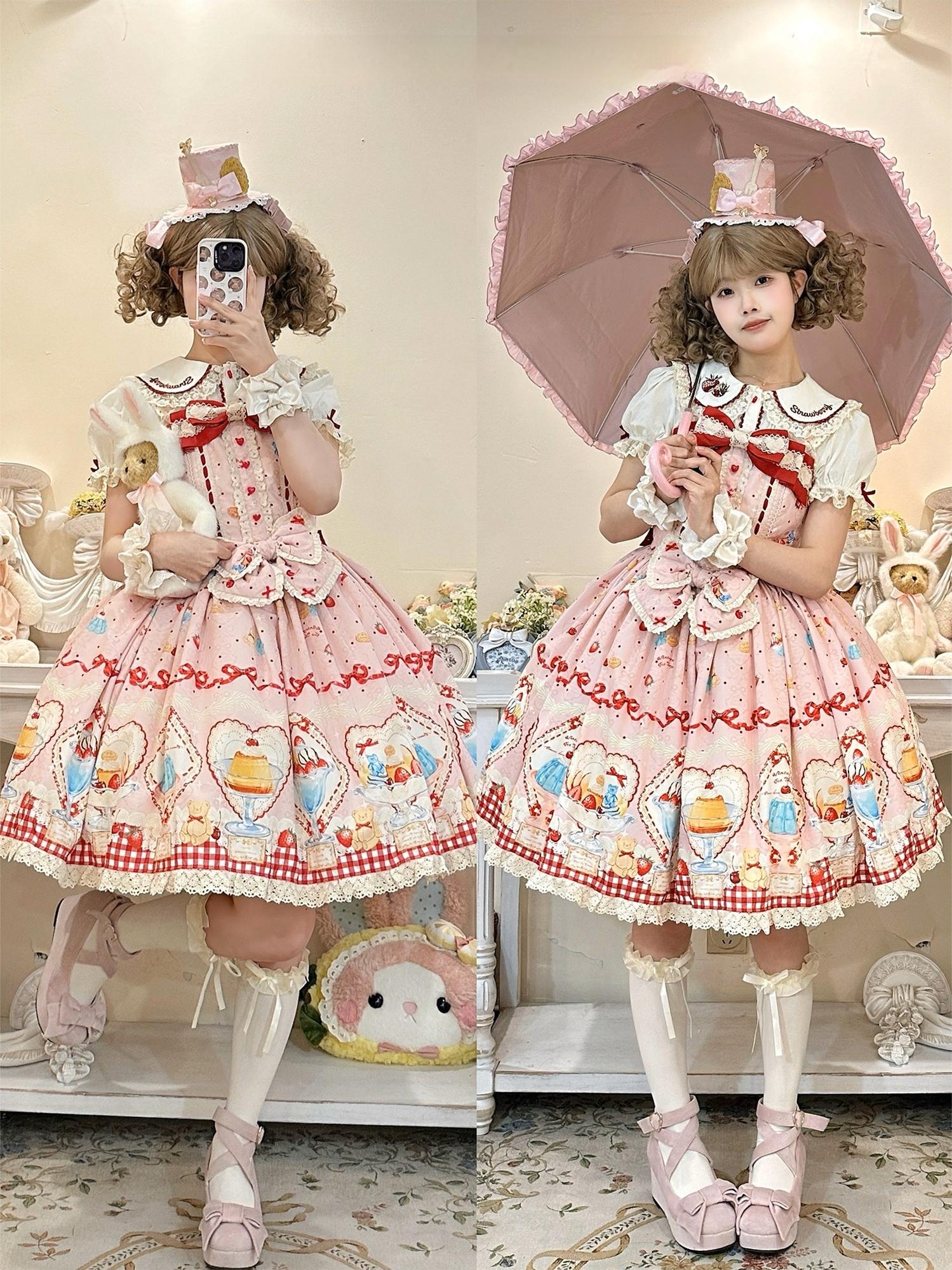 DreamWhale - Showa Dessert Showcase - Kawaii Lolita Dress Suit Pudding-Inspired JSK/Salopette 43200:771621