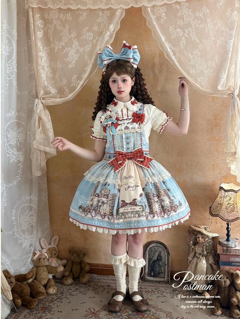 Pancake Postman - Kawaii Lolita Printed OP & Salopette Dress, Lace & Bows