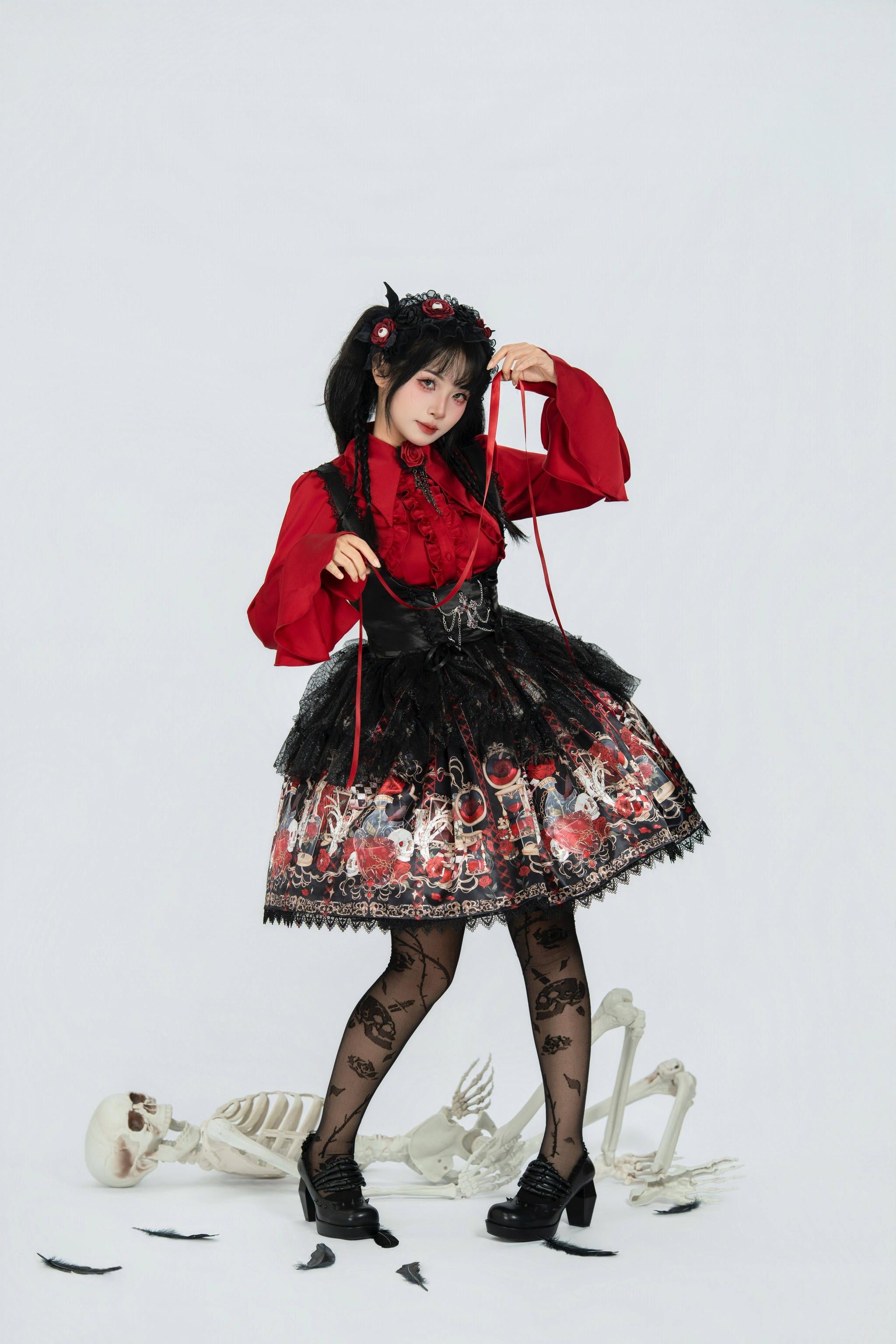 Blood Research Lab - Gothic Lolita JSK Dress, Rose & Skull Print 44449:809024