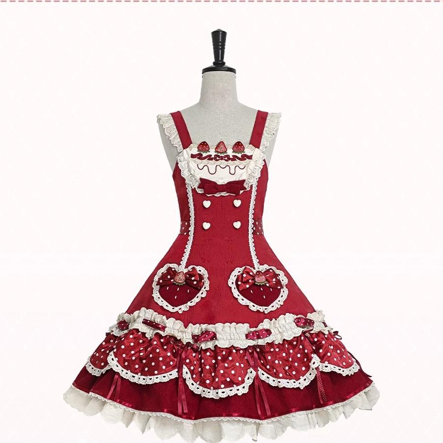 Cream Berry Party - Sweet Lolita JSK Dress, Strawberry Polka-Dot Print 45860:866122