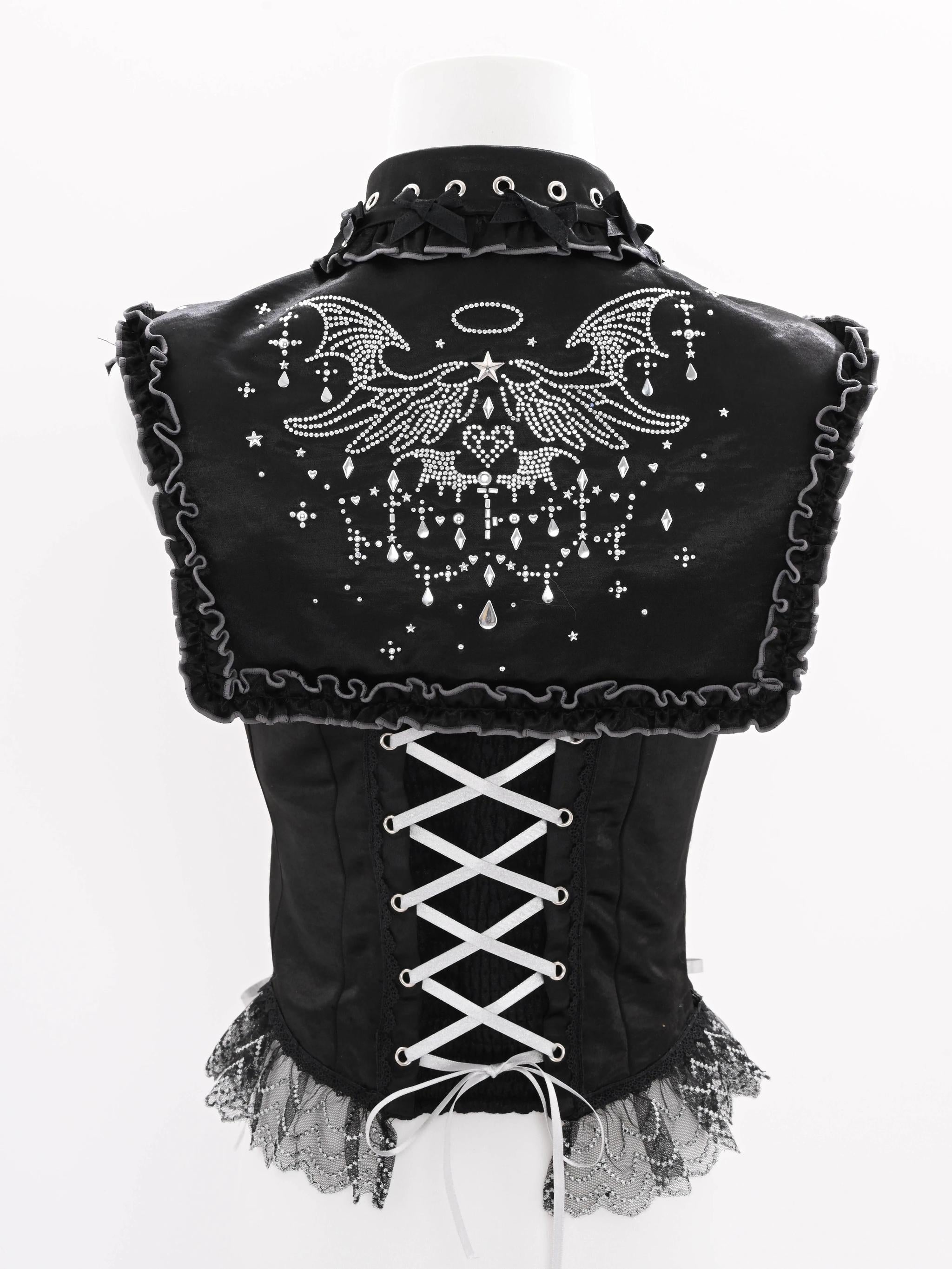 LustrE - Metallic Angel Black - Gothic Lolita Rhinestone Top & Ruffled Skirt Set 43991:791096