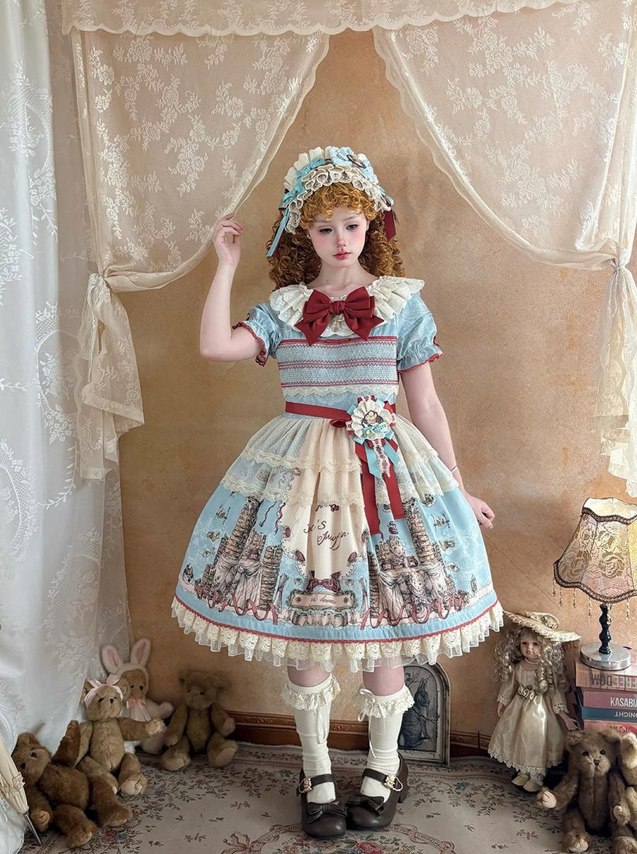 Pancake Postman - Kawaii Lolita Printed OP & Salopette Dress, Lace & Bows