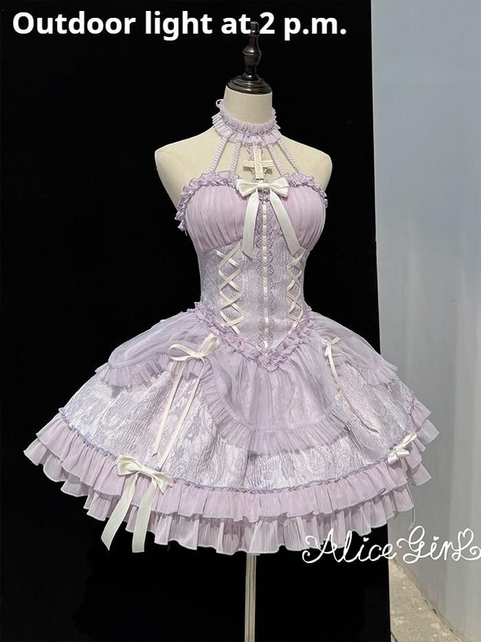 Alice Girl - Cross Maiden - Gothic Lolita Purple JSK Dress With Cross Halterneck & Voile Overlay