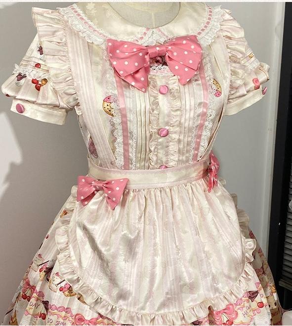 Full Sugar Bakery - Sweet Lolita Puppy Dessert Print OP Dress with Bows Apron Only S