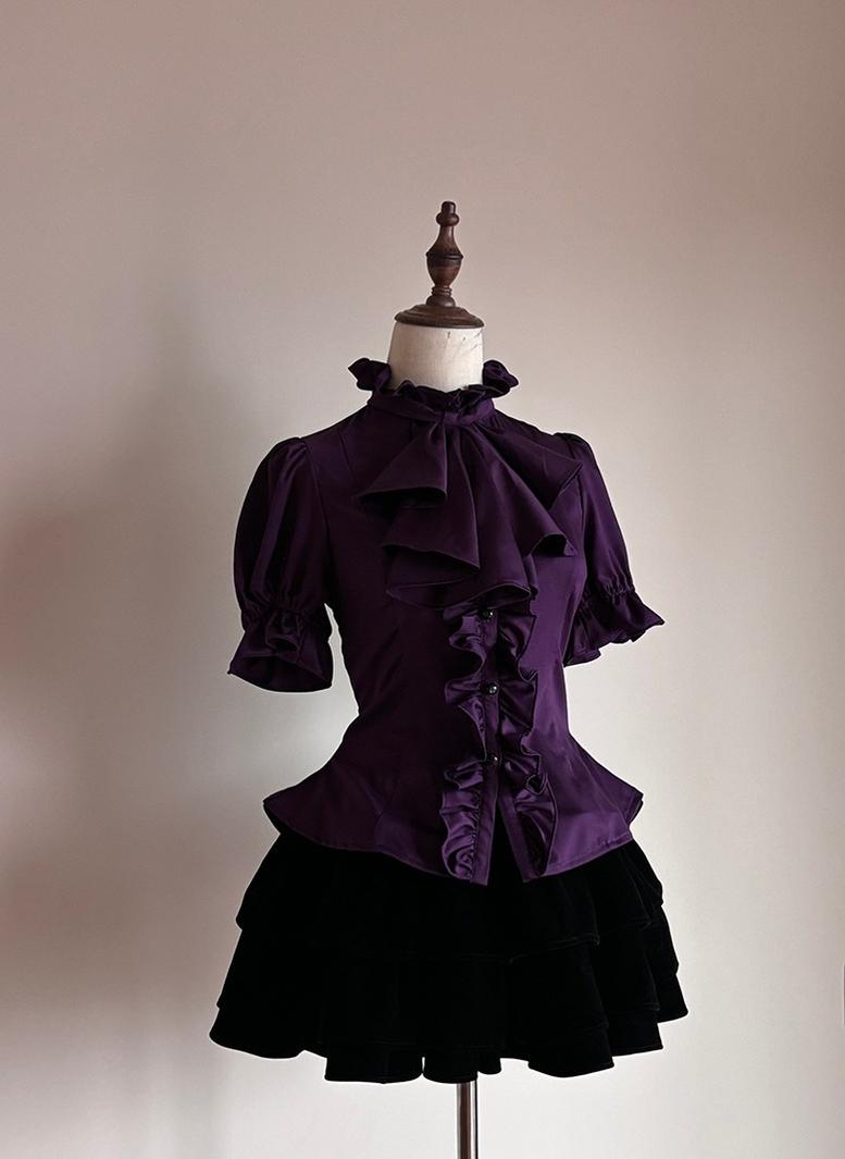 FlowerFairyDaily - Trace Night - Gothic Lolita Short-sleeved Shirt with Adjustable Waist Purple S