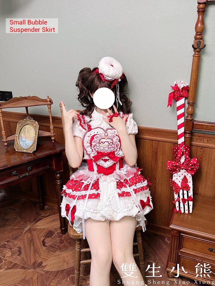 Shuang Sheng Xiao Xiong - Bite The Cake - Sweet Lolita Dress, Red & White Polka Dots 43600:780755