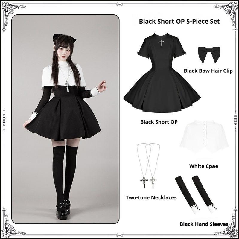 Nihil - Gothic Nun Lolita OP Dress, Irregular Hem Cape (L M S) 44717:820547