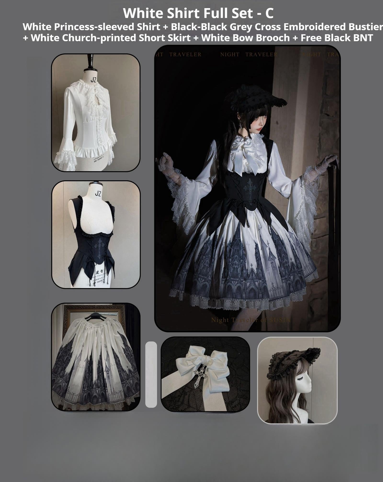 Susin Lolita - Night Traveler - Gothic Lolita Skirt Outfit Long Coat Shirt and Bustier Set (L M S XL) 42118:727749