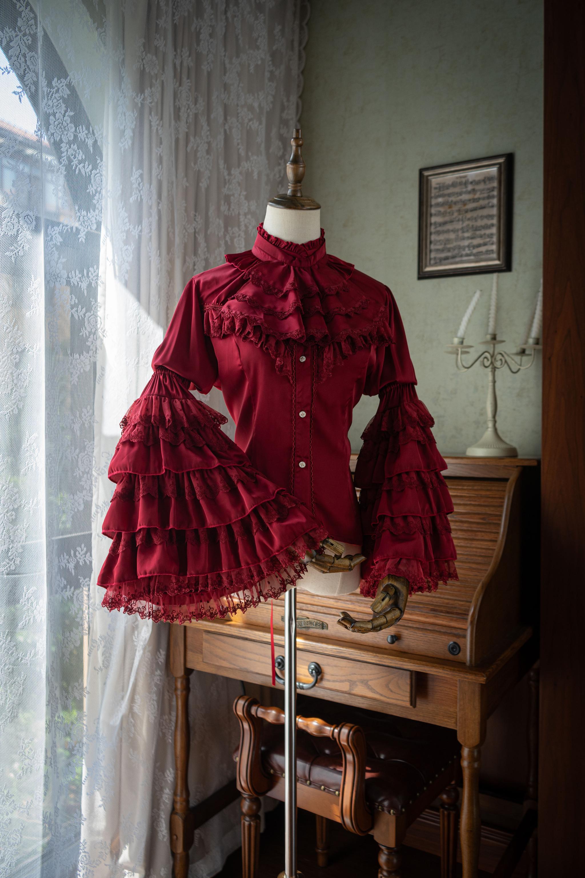 Dark Night - Gothic Lolita Hime Sleeve Blouse, Detachable Jabot Red Blouse (polyester version) XS