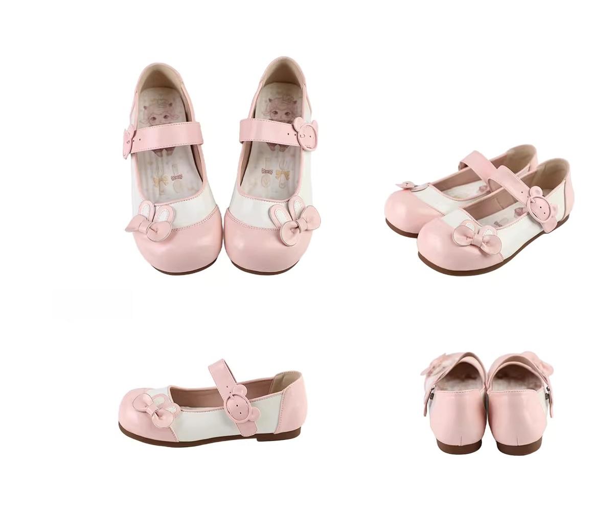 Bunny Milk Candy - Kawaii Lolita Flat Shoes, 3D Bunny Ear Bow Pink 34