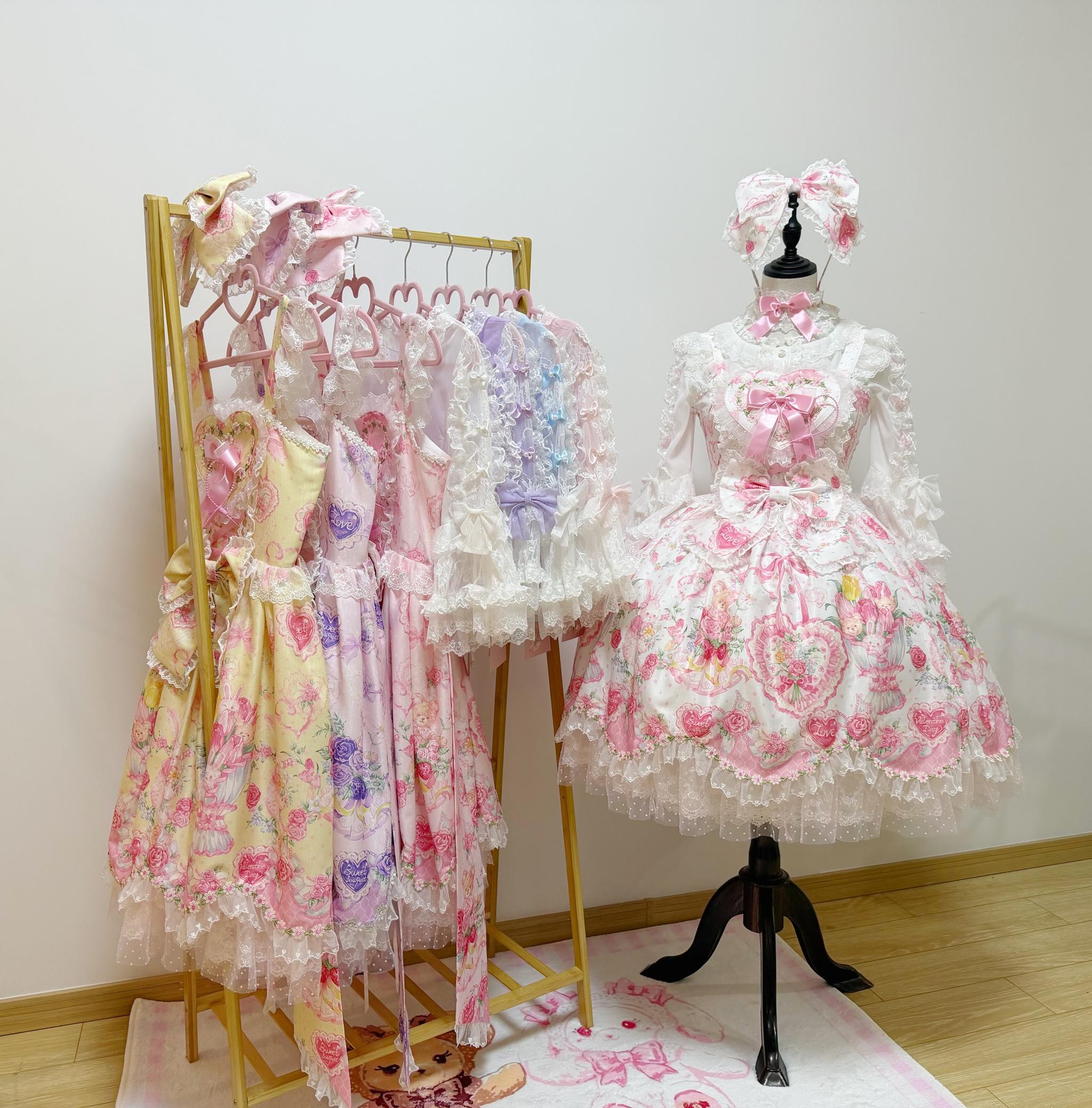 Valentine Bouquet - Old School Lolita Bouquet Printed JSK Dress with Bows 45553:852633