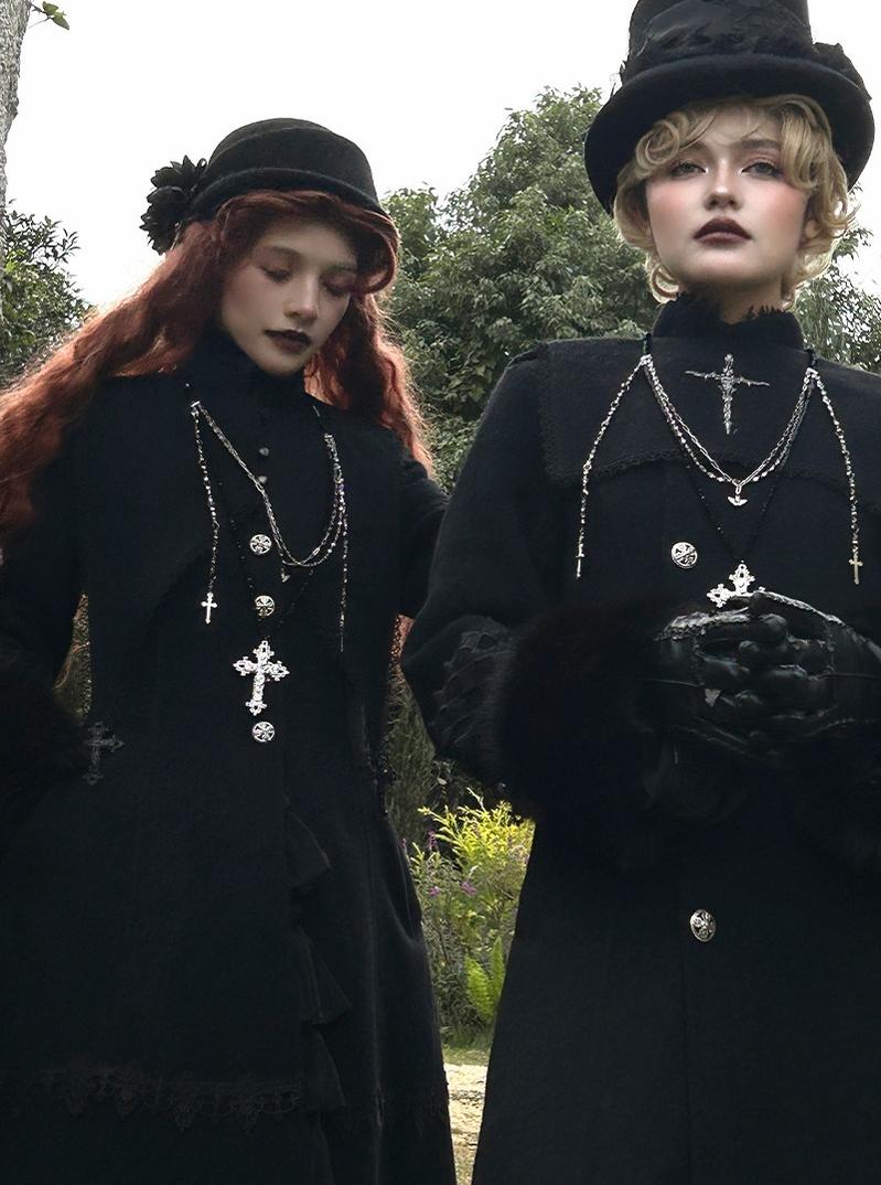 Cain and Lilith - Wool Gothic Lolita Long Coat, Cross Details