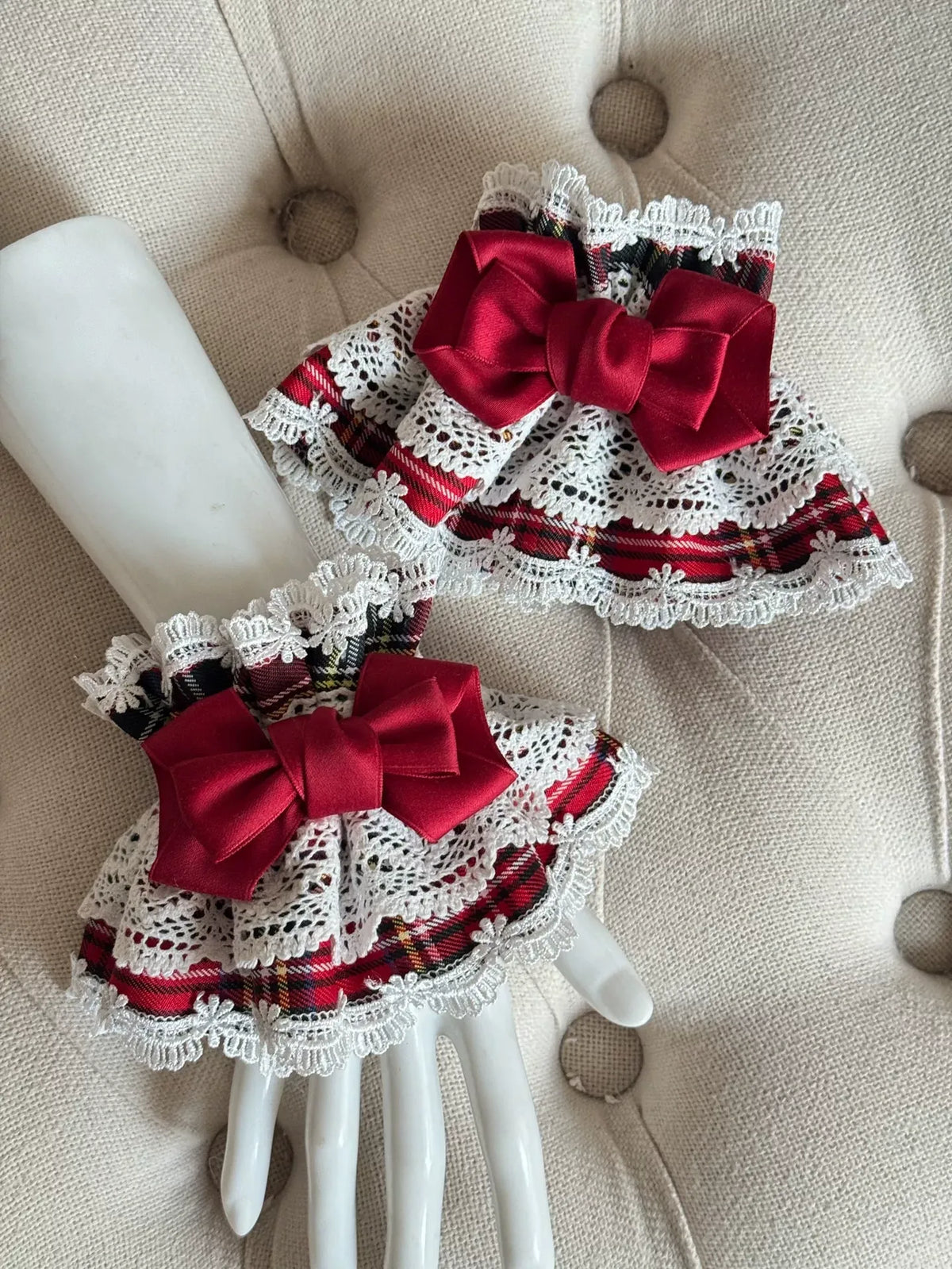 Red Plaid Lolita Headdress, Wire-edged Bunny Ear BNT A Pair of Cuffs