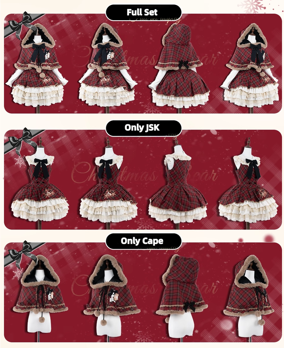 OCELOT - Kurikuma Cocoa - Christmas Plaid Lolita JSK, Hooded Cape 44202:800495