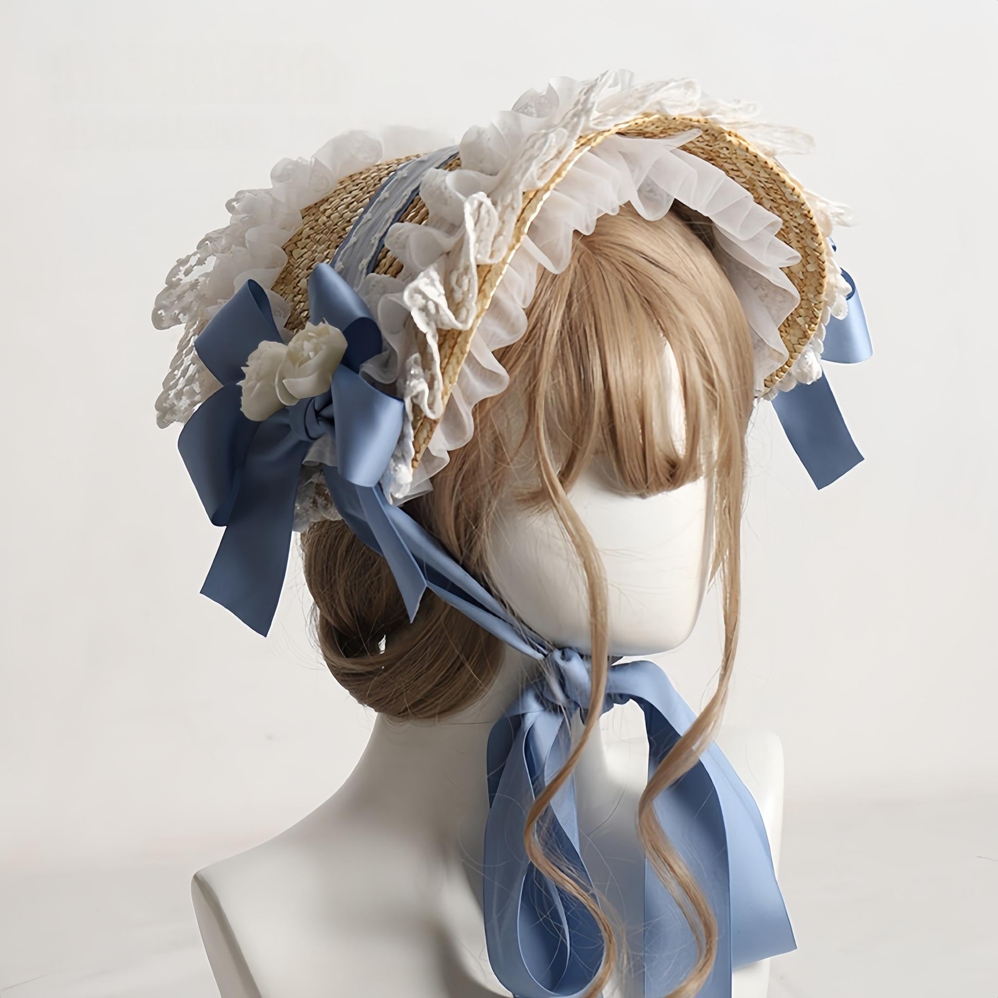 The Accessories' Story - Country Lolita Straw BNT, Ruffled Lace, Artificial Flower No Head Circumference Limitation / One Size Misty Blue