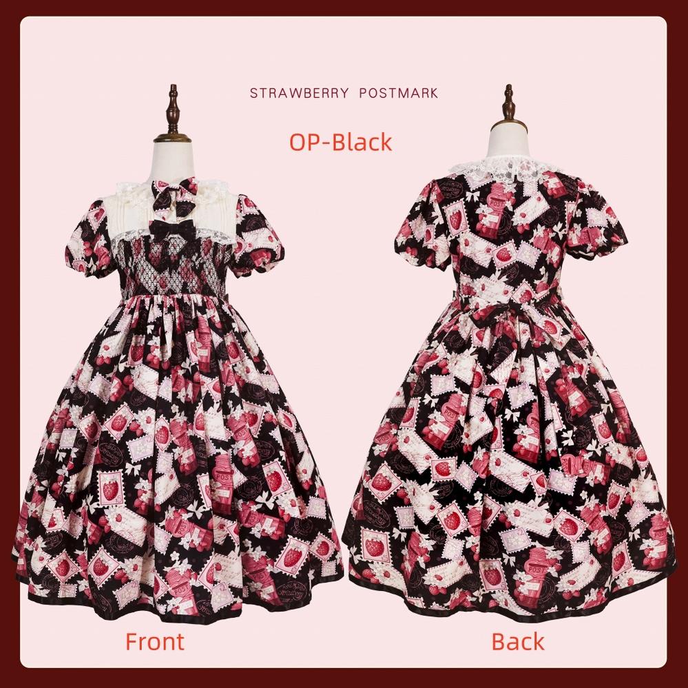 Strawberry Witch - Strawberry Stamp - Sweet Lolita OP Short Sleeve Lolita Dress S Red and black short OP