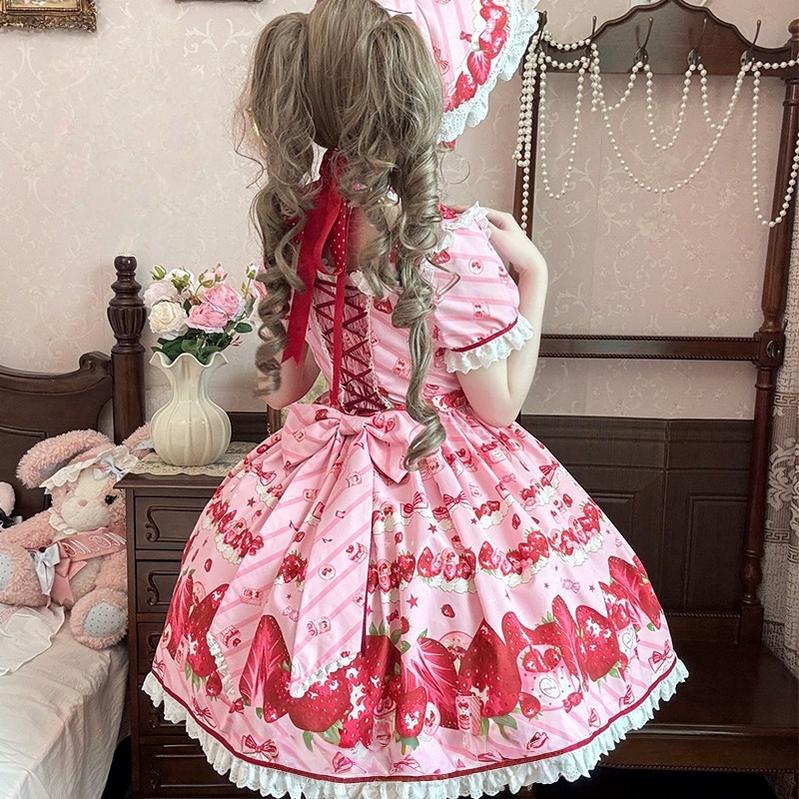 Strawberry Gift Box - Sweet Lolita OP Dress, Strawberry & Polka Dot Print