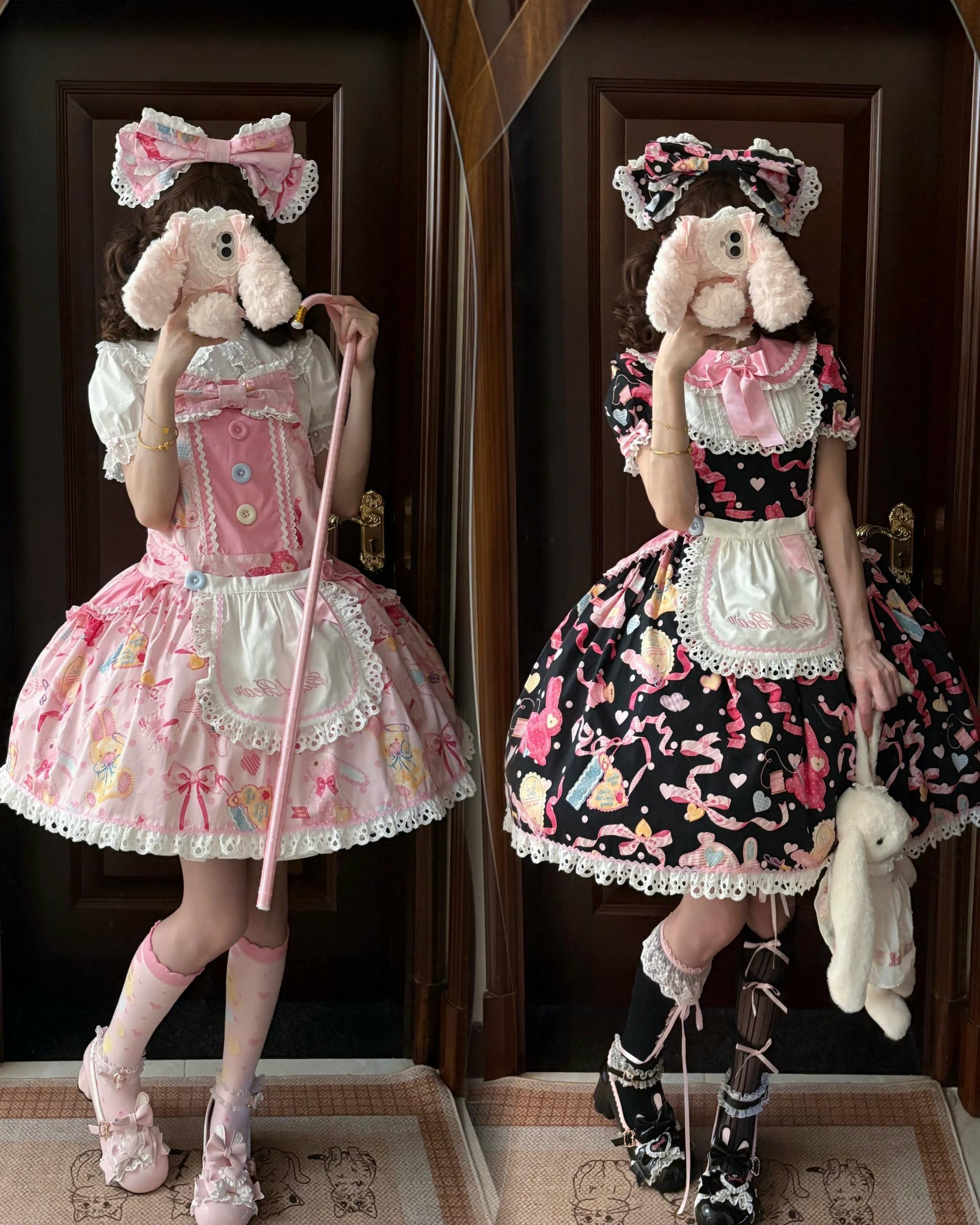 Little Bunny Tag - Sweet Lolita Bunny Printed OP & Salopette, Detachable Apron 45718:859531