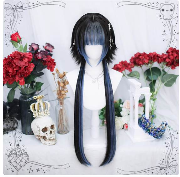 Dalao Home - Moon Night - Lolita Highlights Bang Short Wigs Black-sky blue(distributed wig)