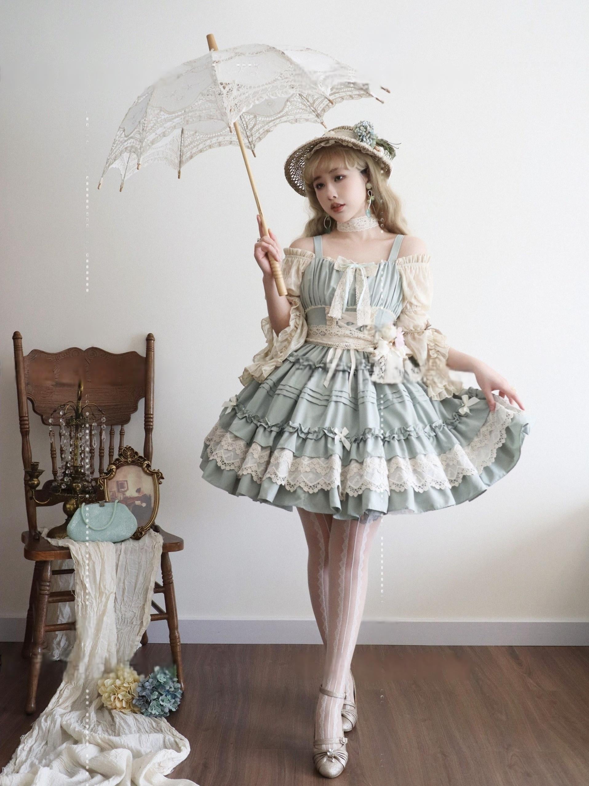 Qianmu - Vivian - Sweet Lolita JSK Doll Lolita Tiered Ruffles Dress Grass Green JSK + Waistband S