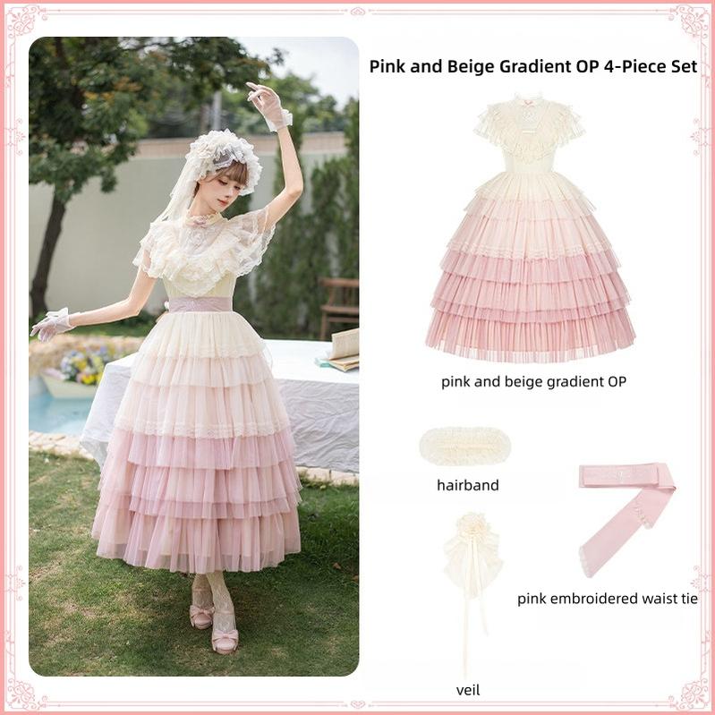 True Vow - Embroidered Classic Lolita Dress, Layered Gradient Hem Pink-beige Gradient OP 4-Piece Set (OP + hairband + head veil + embroidered waist tie) S