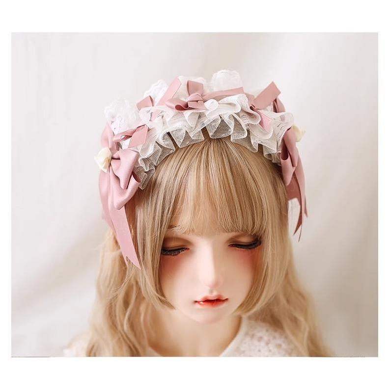 Xiaogui - Ivory & Pink Sweet Lolita Headdress Bridal Lace Headwear