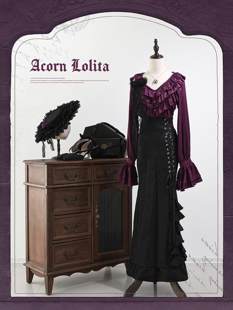 Acorn Lolita - Penetrating - Gothic Lolita Shirt with Long Sleeve and Rib Style Ruffles