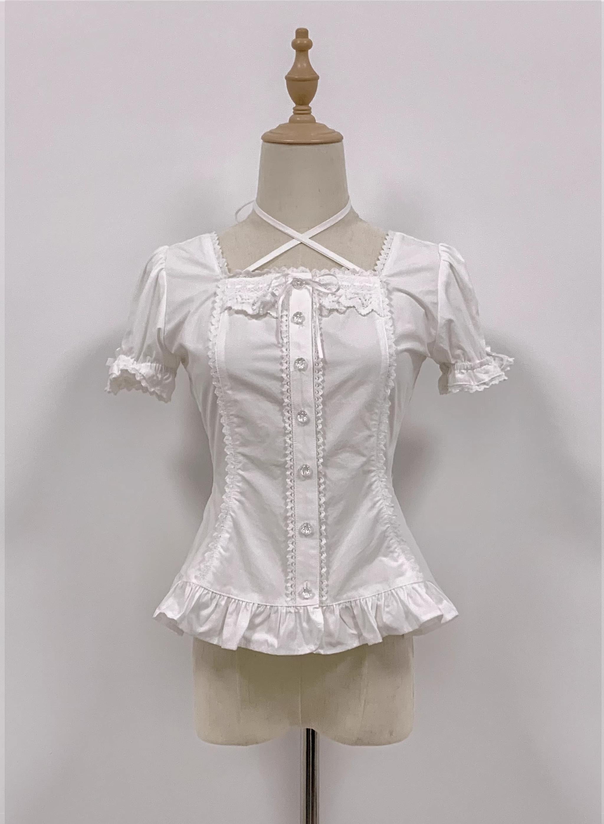 Haruhime Momoko - Cotton Old School Lolita Blouse, Cross Halter Neck White - Short Sleeve Blouse Only One Size