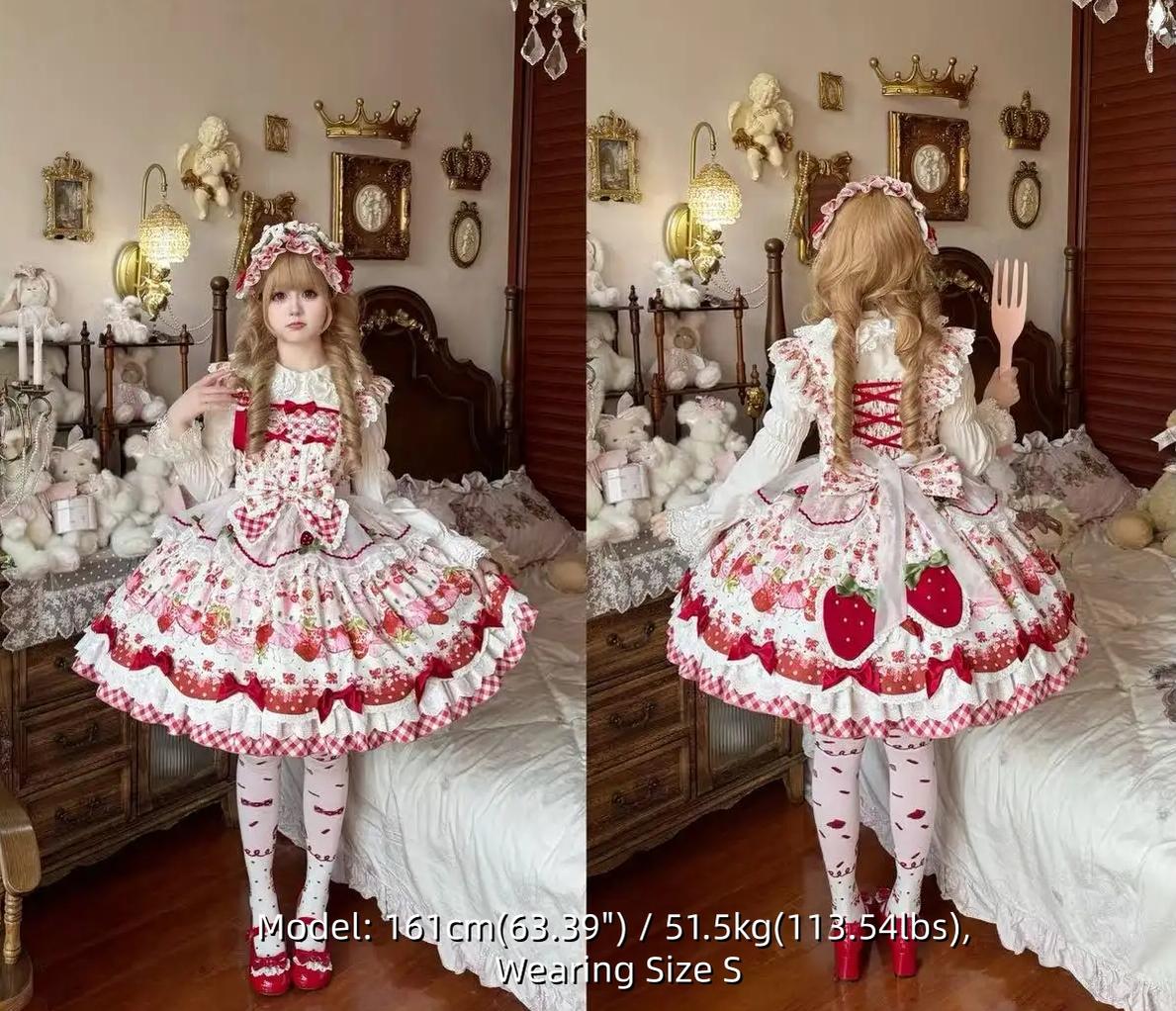 Berry Bear Whisper - Sweet Lolita JSK Set, Strawberry Bear Themed Print 45904:867465
